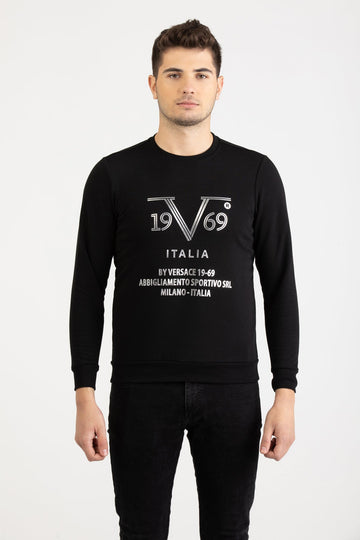 Bluză de trening Versace 19.69 Abbigliamento Sportivo Milano Italia pentru bărbați, neagră cu imprimeu liniar argintiu