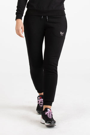 Close-up view of black Versace 19.69 joggers for women featuring a drawstring waist and small silver 19V69 Italia logo on the thigh.