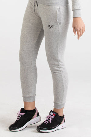 Front view of heather grey Versace 19.69 joggers for women featuring a black 19V69 Italia logo on the thigh and ribbed ankle cuffs.