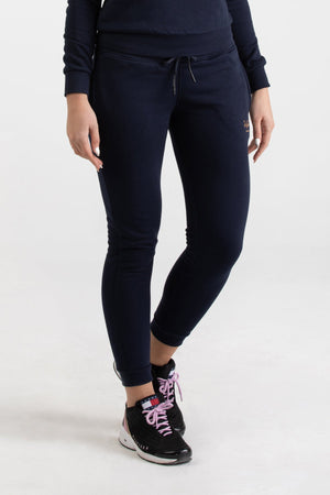 Front view of navy blue Versace 19.69 joggers for women featuring a metallic gold 19V69 Italia logo on the thigh and a drawstring waist.