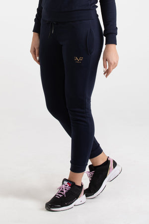 Front view of navy blue Versace 19.69 joggers for women featuring a metallic gold 19V69 Italia logo on the thigh and a drawstring waist.